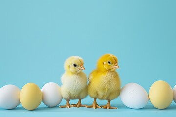 Chickens next to colored eggs on a blue background. Concept of organic eggs and poultry farm, raising chickens and celebrating Easter
