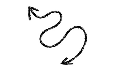 Hand drawn crayon chalk charcoal line arrow. textured arrow isolated on white. squiggle and scribble stroke. Element for diagrams. doodle marker.