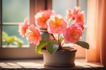 Begonia flowers with big petals and buds in pink and orange, isolated on white
