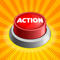 Fototapeta premium Action red button on yellow colorful bright background raster illustration. Concept illustration. Hand drawn color raster illustration.