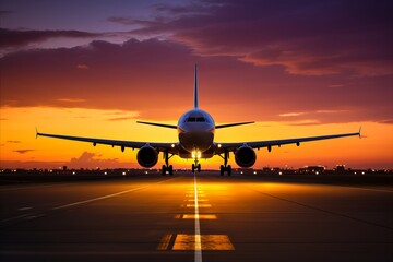 Commercial airplane departing from airport runway at colorful sunset