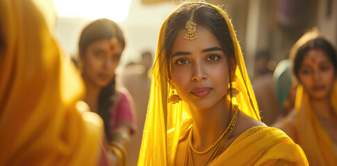 an indian woman with yellow sari - Powered by Adobe