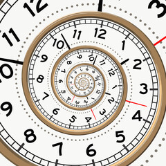 Spiral with clock watch dial. Metaphor of infinity of time. Transience of time. Limited life time. Conceptual illustration. Hand drawn raster illustration.