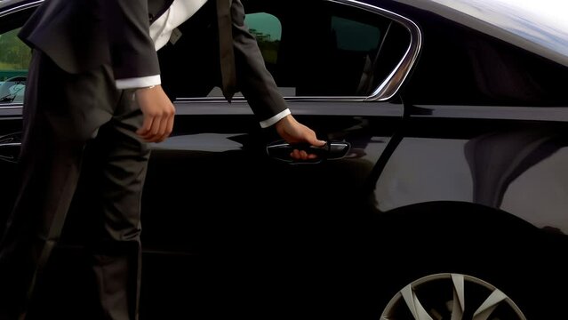 Personal driver is opening ths cliene car door for him, hotel transfer services