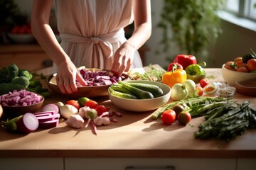 A woman prepares a healthy salad. A table adorned with fresh vegetables