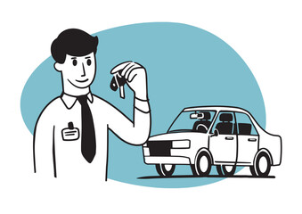 Car showroom. The sales manager hands the keys to the buyer. Car showroom. Network of dealers with a warranty car service. Credit, leasing. Vector outline illustration