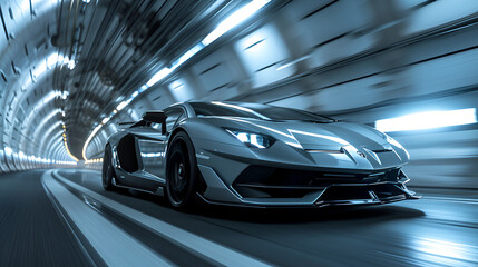 Conceptual image of a sports car driving through a tunnel. A striking image of a car parked in a tunnel, generative ai