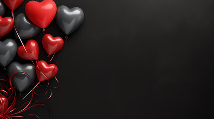 Valentine's Day banner with blank space for text top view black background hearts balloons and love background concept