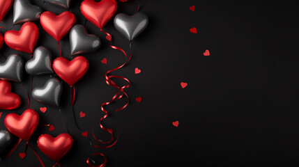Valentine's Day banner with blank space for text top view black background hearts balloons and love background concept