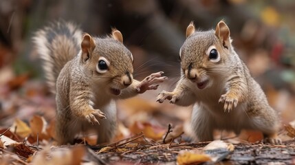 Fototapeta premium Frolicking Squirrels, Playful squirrels engaged in a lighthearted activity, perfect for expressing energy and joy.