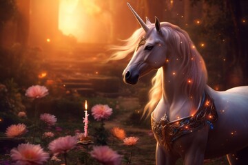 A unicorn pegasus horse in an emerald valley in the forest surrounded by flowers, copy space