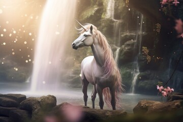 A surreal unicorn pegasus, surrounded by the mystical aura of an enchanting forest, stands near a flowing waterfall