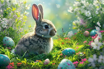 Fototapeta na wymiar A playful bunny surrounded by vibrant flowers and colorful easter eggs in a lush grass field evokes the joy and beauty of springtime