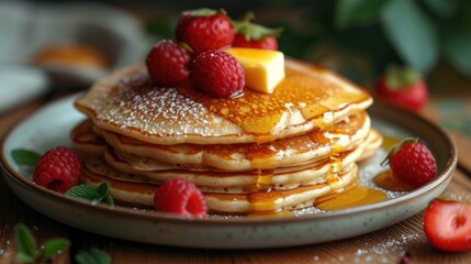 Plate is filled with pancakes with butter, honey and raspberries