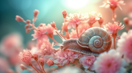 A little snail sleeping on a blooming flower, surrounded by soft candy hues. fairytale fantasy theme, sunshine. soft candy color, macro shot - Powered by Adobe