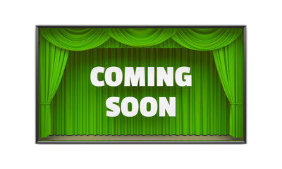 Fototapeta na wymiar Coming Soon poster with stage curtains revealing a message. Cable tv show advertisement, movie premiere poster etc. Png clipart isolated on transparent background