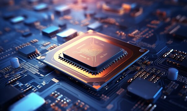 Computing processor, CPU, microchip and electronic circuit board. Advanced technology conceptual background. Generative Ai