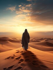 a Muslim man wearing a robe walking on the vast desert seen from behind, Afternoon, Sunset Light - generative ai - obrazy, fototapety, plakaty