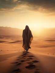 Fototapeta na wymiar a Muslim man wearing a robe walking on the vast desert seen from behind, Afternoon, Sunset Light - generative ai
