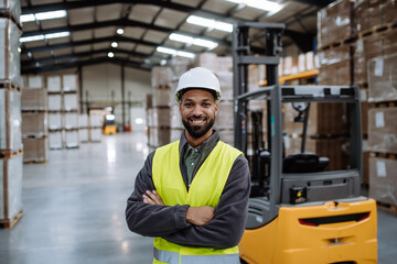 Portrait of warehouse worker standing by forklift. Warehouse worker preparing products for shipmennt, delivery, checking stock in warehouse. Banner with copy space. - obrazy, fototapety, plakaty