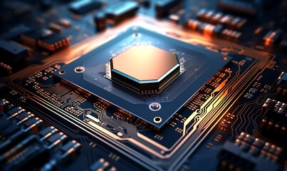 Fototapeta na wymiar Computing processor, CPU, microchip and electronic circuit board. Advanced technology conceptual background. Generative Ai
