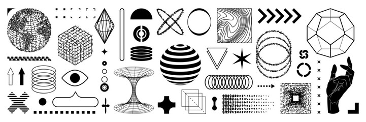 Set of graphic y2k aesthetic shape. Wireframe model, bitmap elements, bold modern geometric. Isolated vector illustration for sticker, poster, collage.