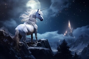 A unicorn pegasus horse against a mountain backdrop at night, illuminated by the light of the moon