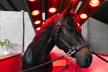 A serene horse receives therapeutic infrared heat treatment focused on its back to aid in injury...
