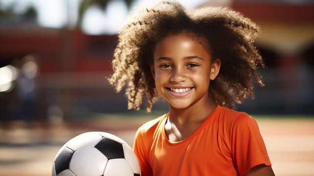 Smiling girl holding soccer ball. Girl plays football. Football field and portrait with soccer ball. Teen Youth Soccer. Cheerful Soccer player. Soccer children, energy football workout