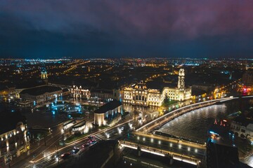 Glittering Tapestry: A Mesmerizing Night Aerial View of Oradea City, Bihor, Romania
