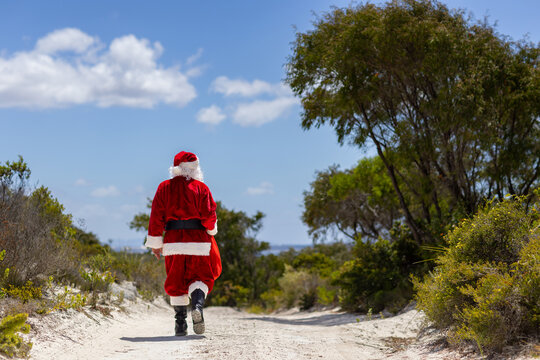 Santa walking away down a track on a coastal block with bush lining the sides of the track