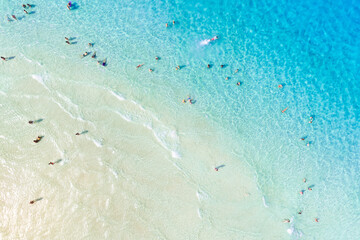 Aerial view on beach and people. Vacation and adventure. Europe, Mediterranean Sea. Top view from...