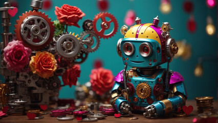 Cheerful robot with a smile on its face holding flowers for Valentine's Day.