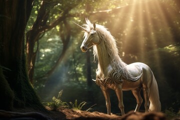 A unicorn pegasus horse with shimmering white fur standing among green forest trees