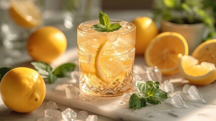 Fototapeta premium glass of lemonade with icecubes well decorated product photo