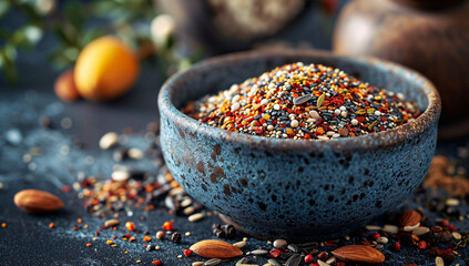 A harmonious blend of various plants and ground spices fill a bowl, adding depth and flavor to a rustic outdoor meal