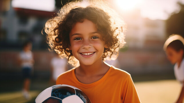 Little girl plays football. Football field and portrait with soccer ball. Teen Youth Soccer. Smiling girl holding soccer ball