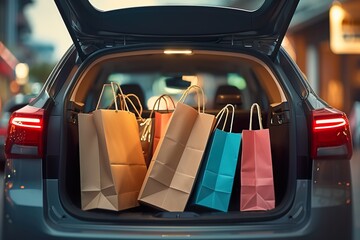 Retail Therapy on the Go: Loaded Shopping Bags in Car Trunk at Mall Parking Lot