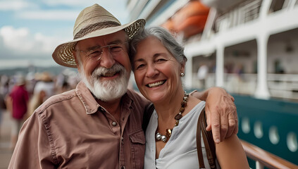 Obraz premium A fashionable couple poses with big smiles, sporting sun and cowboy hats on a boat in the great outdoors