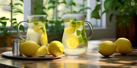 
Citrus lemonade in a jug on a table in the kitchen. Lemons and mint, vase with flowers