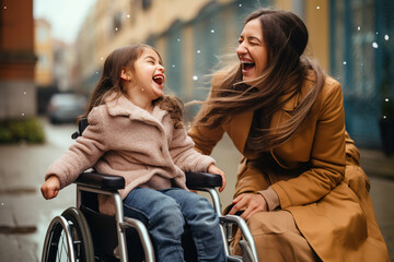 Cheerful girl with disability in wheelchair having fun with mother on city street. - obrazy, fototapety, plakaty