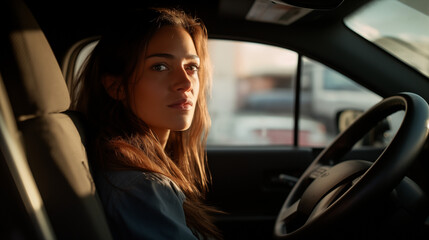Young Woman Glancing Back While Sitting in the Driver's Seat of a Car