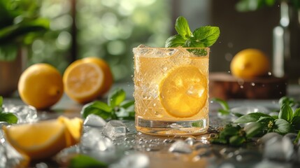 glass of lemonade with icecubes well decorated product photo