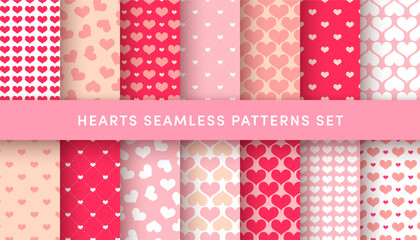 Cute love hearts seamless patterns set. Vector pink, red and white heart print. Valentines Day backdrop textures for decoration, design, background, wallpaper.