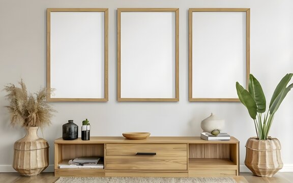 Three hanging Wooden white wall art frame mockup on wall without design and text in living room, photo, product, portrait photography, poster