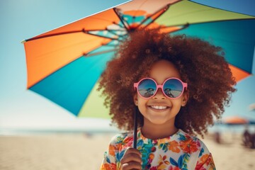 happy african american child girl on the beach in summer against the background of the sea or ocean and colorful umbrella