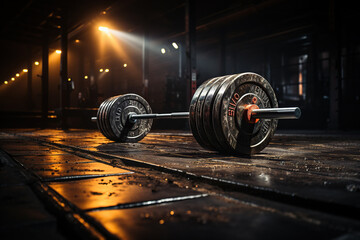 Barbell for fitness training on a wooden floor. Power training. Generated by artificial intelligence