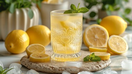 Fototapeta premium glass of lemonade with icecubes well decorated product photo