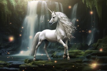 Obraz na płótnie Canvas A fantastical and magical unicorn pegasus standing gracefully beside a cascading waterfall in the enchanted forest