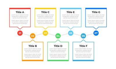 Timeline infographic design. Colourful infographic steps with text boxes
